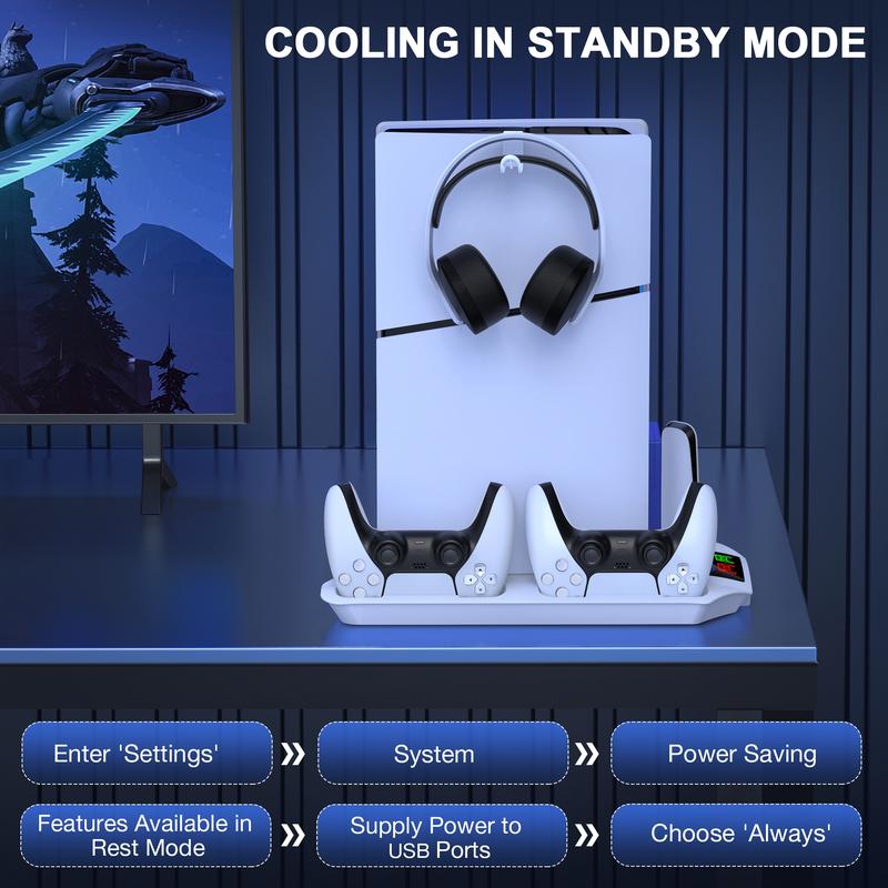 PS5 Slim Stand and Cooling Station with Controller Charging Station for Playsation 5 Slim&Standard Disc/Digital Console, PS5 Accessories Incl. Controller Charger/Turbo Fan/3 USB Hub/Headset Holder