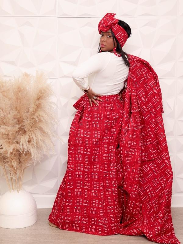 Red and White Kimono Tribal Print African Print Pant and Duster Set for Women - Womenswear, Clothing