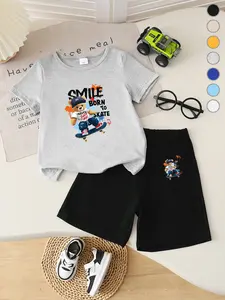 Summer Boys T-Shirt and Loose Shorts Set with Cute Bear Skating Design, Comfortable Casual Wear for Outdoor Play and Home, Perfect Gift for Kids