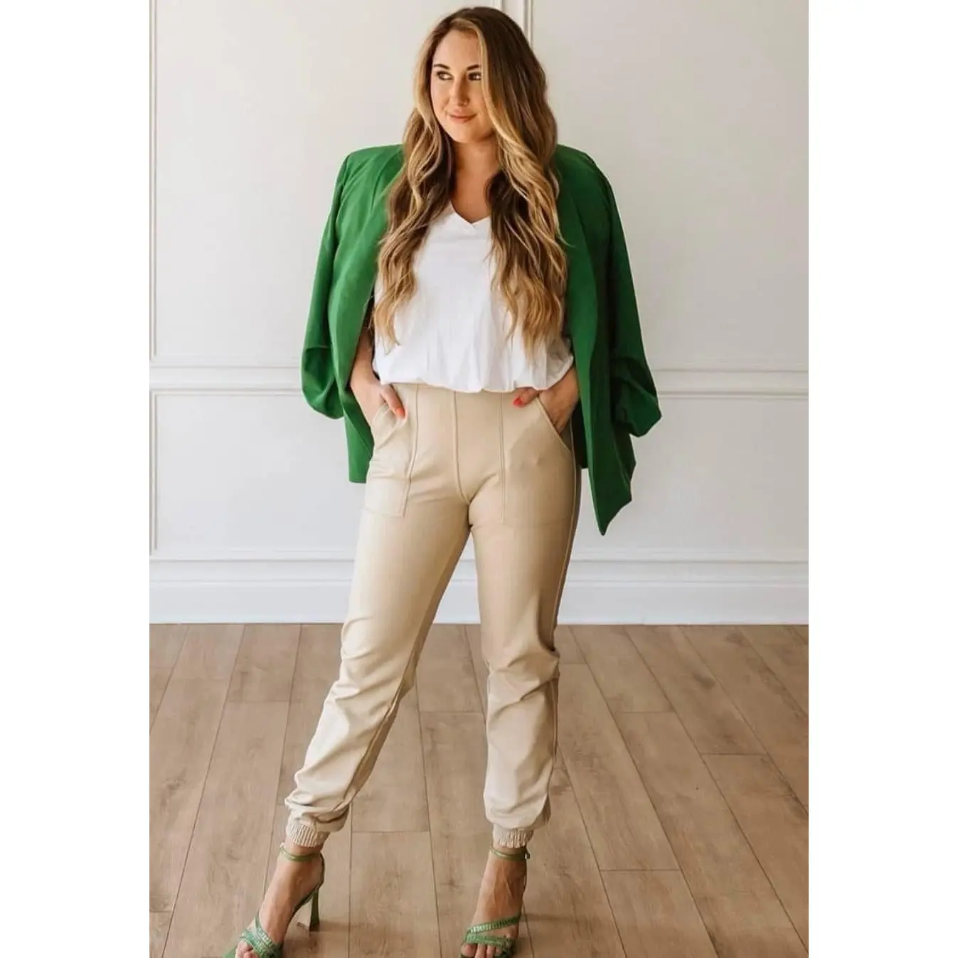 Women's Beige Vegan Joggers - 3X Size, Casual Wear, 88% Poly Poly-Spandex Blend, Pants Shape Design