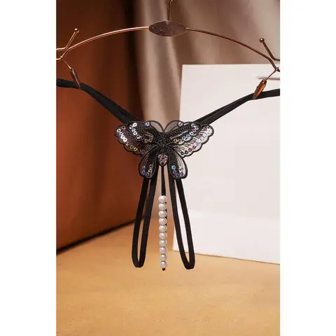 Women's Strappy Butterfly Pearl Micro String Crotchless Thong - Panties for Women with String Pearl Strap