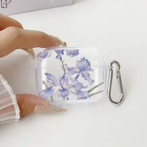 Lilac Iris Whisper Pattern Protective Case for AirPods 4/3/2/1/Pro/Pro2 Soft TPU Earphone Cover, Transparent with Keychain