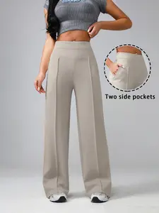 Women's Spring & Fall Elastic Wide Leg Pants, High Waist Comfortable Casual Loose Straight Long Pants with 2 Pockets, Daily Commute Wear, Bottoms, Casual Plain Pocket