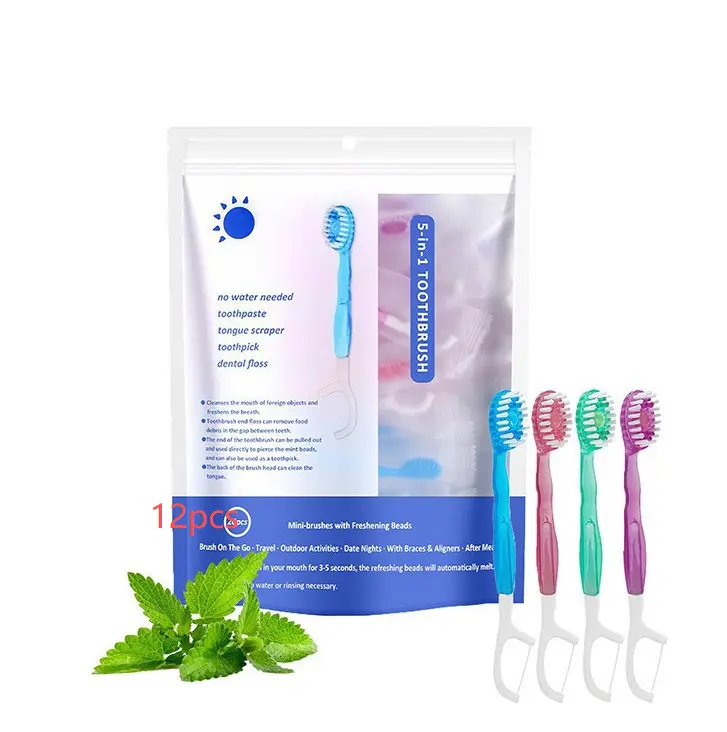 12 Pack Disposable Toothbrushes, Travel Toothbrush Kit with Toothpaste Beads and Floss Pick, Portable Oral Care Set for Travel, Camping and Outdoor Use