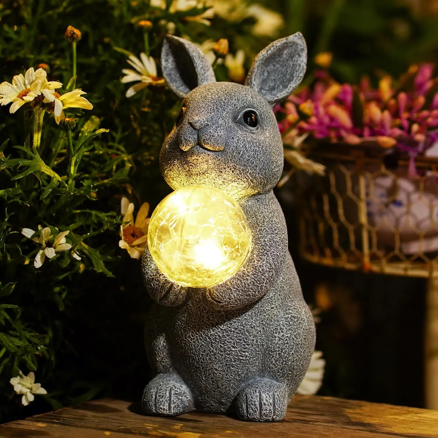 Solar Garden Outdoor Statues Bunny with Gazing Ball - Decor Rabbit Statue for Patio  Balcony Yard Lawn Ornament Housewarming Gifts