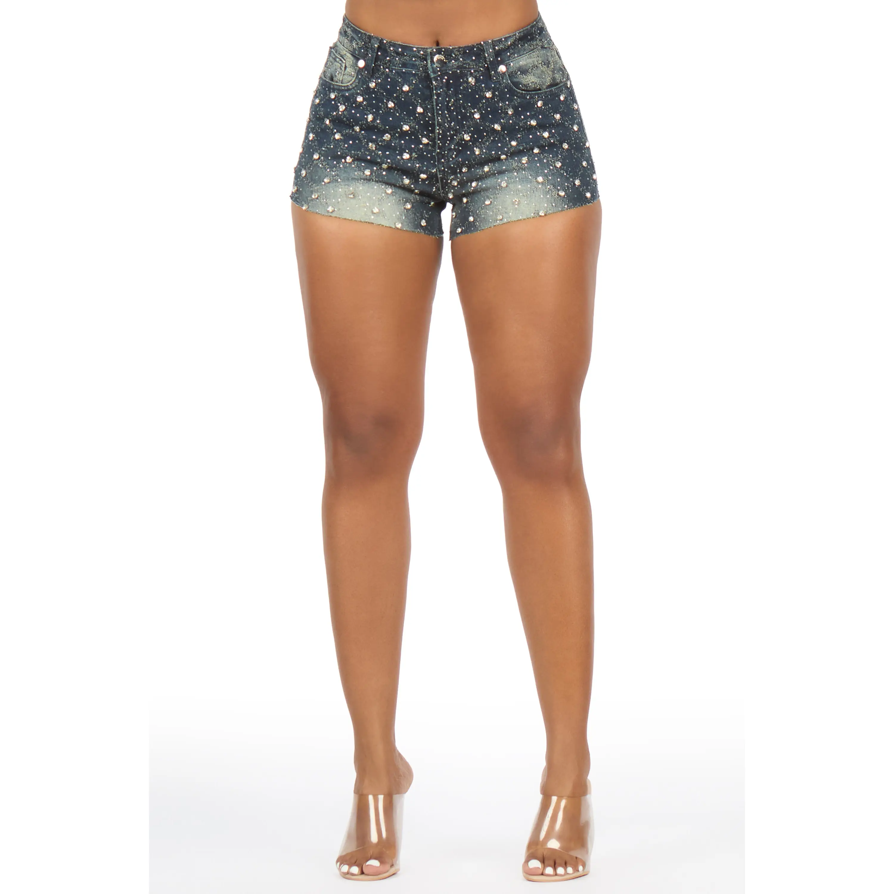 Janelly Dark Wash Rhinestone Booty Short