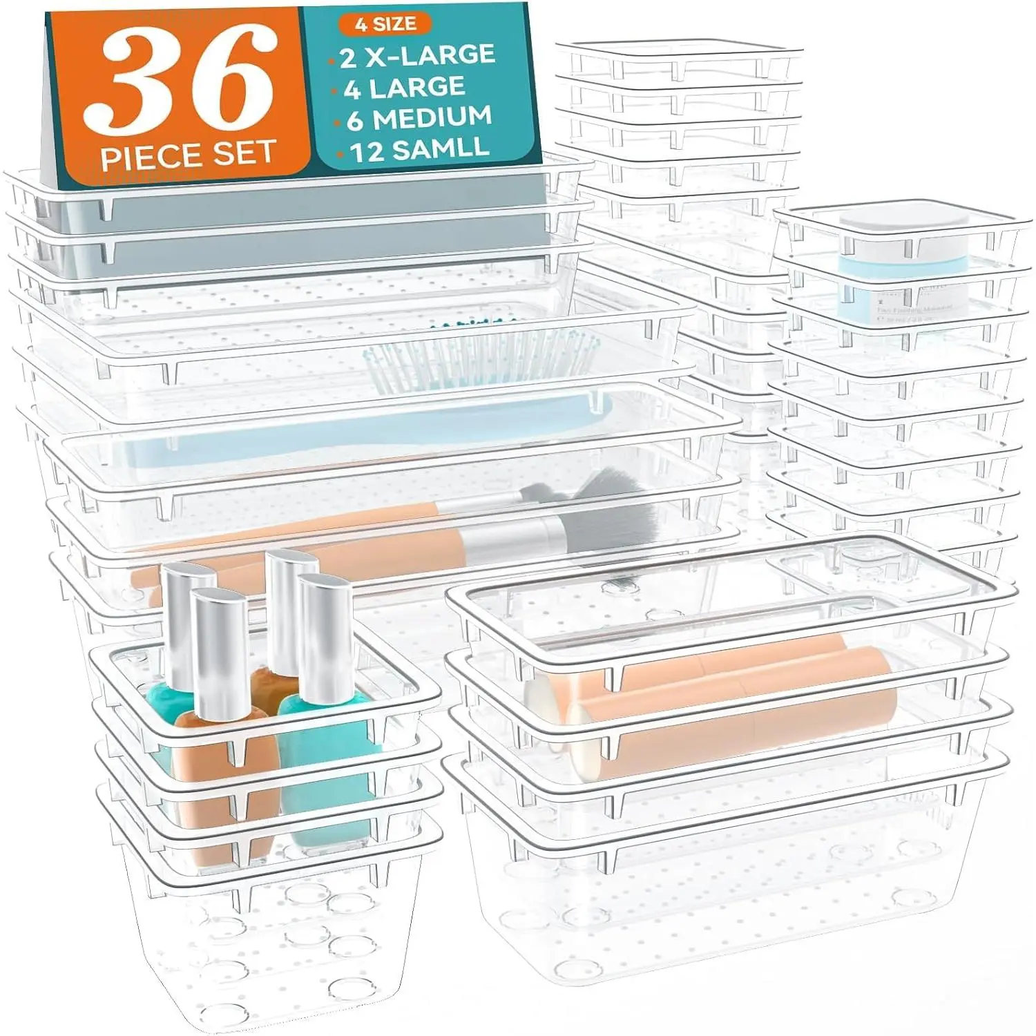 36 PCS Drawer Organizer Set, 4 Sizes Tool Storage Trays, Clear Plastic Makeup Vanity Organizer and Storage Bins for Makeup, Stationeries, Multiple Gadgets for Bathroom, Office, Bedroom, Boxes, Makeup Organizer