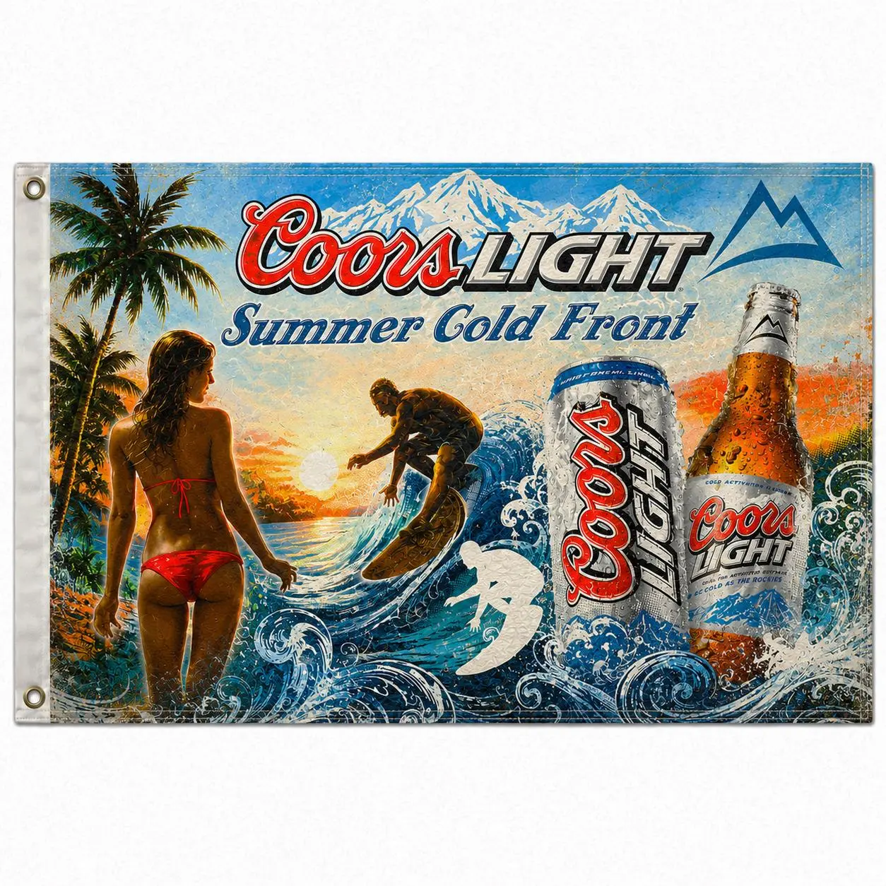 Coors Summer Cold Front Light Surfing Flag 3x5 Ft, Vintage Beach Beer Banner with Bikini Girl, Ocean Waves and Surfer, Coastal Bar Garage Man Cave Decor, Pool Party Backdrop, Gift for Beer Lovers, Surfers and Summer Fans