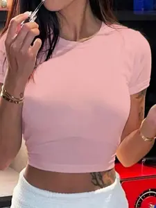 Women's Plain Basic Crop Tee, Casual Slim-fitting Short Sleeve T-shirt, Ladies Summer Clothes for Daily Wear, Top