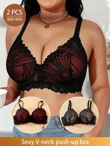 2-Pack Elegance Lace Push-Up Bra Set, Womenswear, Colorblock Design, Medium Support, Adjustable Straps, Comfortable Fit, All-Season Lingerie, Adjustable Bras