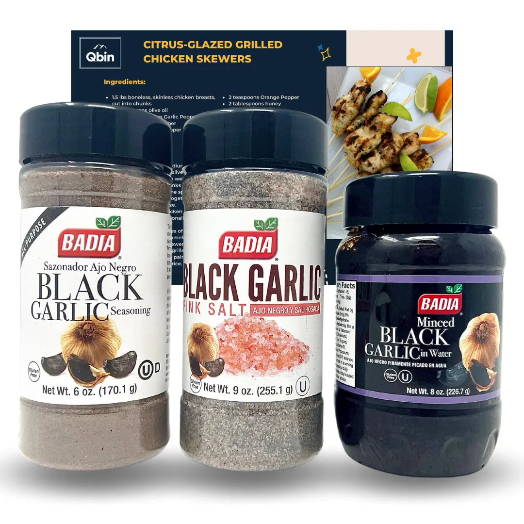 Baida Black Garlic Edible Powder Bundle - 9 oz All-Purpose Black Garlic Seasoning with Pink Salt, 3-Seasonings Flavor Spices Variety Pack, Including QBIN Recipe Card