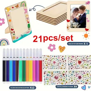 21pcs/set Photo Frame Painting Craft Kit, 5 DIY Unfinished Wood Picture Frames, 12 Colorful Drawing Pens & 4 Gemstone Decals