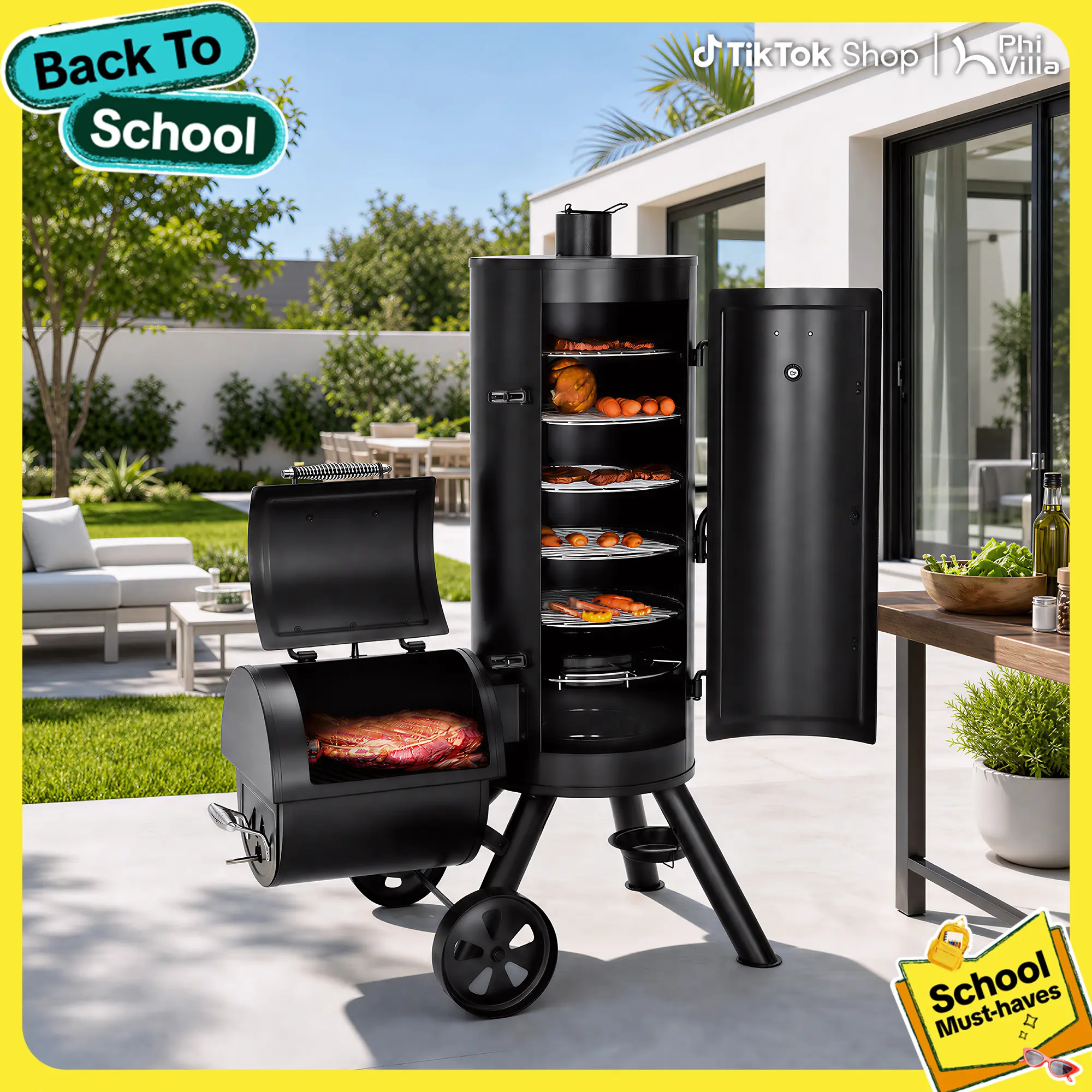 Captiva Designs Heavy Duty Smoker, X-Large Charcoal Grill with Offset Smoker, 942 sq.in. Cooking Area, For Outdoor Camping Family & Friends Gathering Barbecue