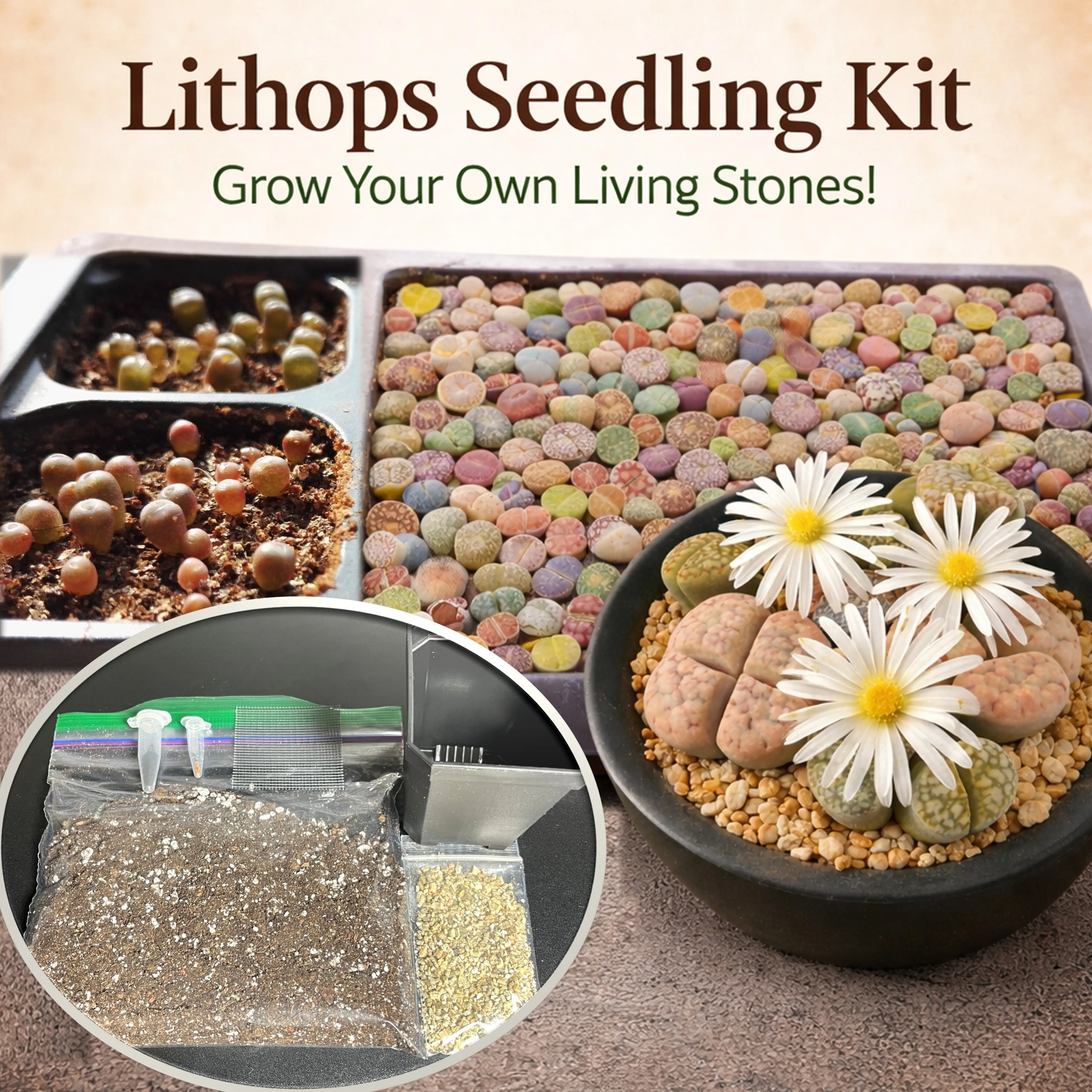 Lithops Seedling Kit - 50 Mixed Colors Living Stones Seeds Complete Kit included Beginner Friendly