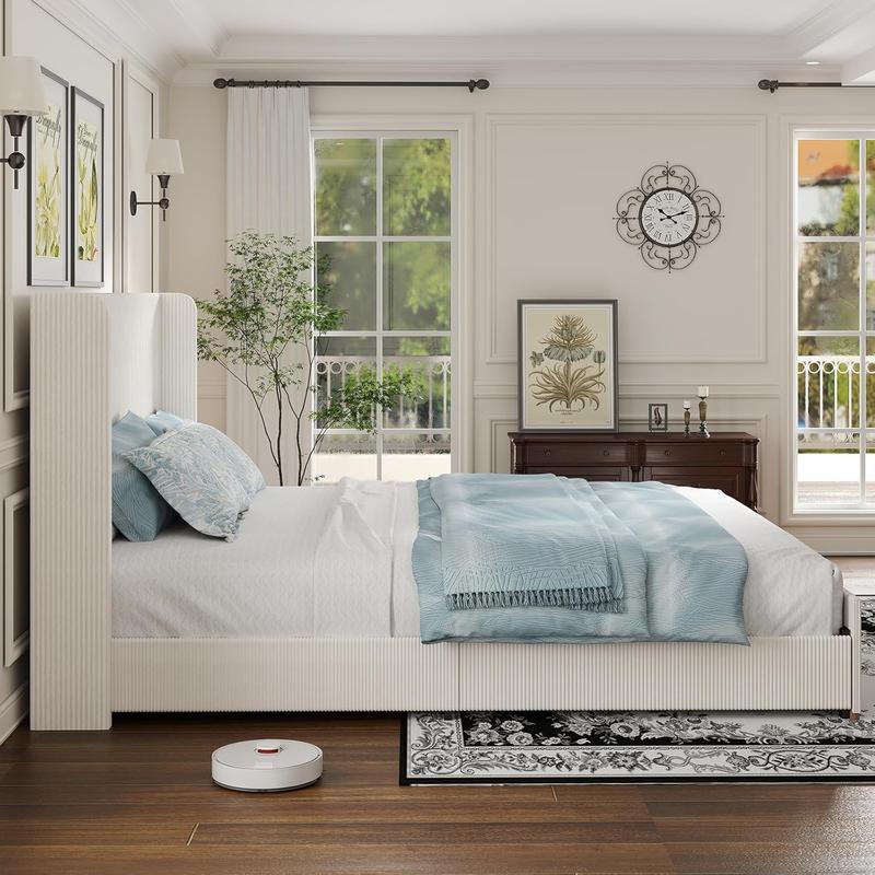 Queen Size Upholstered Bed Frame, Soft Corduroy Platform Bed with 47" Luxury Wingback Headboard, Solid Steel Slats Support, No Box Spring Needed, Noise Free, Easy Assembly, Cream