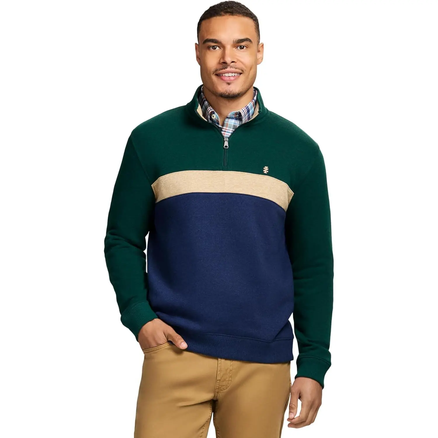 Men's Soft Fleece Quarter-Zip Pullover, Performance Stretch Long Sleeve Menswear Tops with Ribbed Cuffs, Embroidery, Natural, Zipper, Fleece Men's Sweatshirts