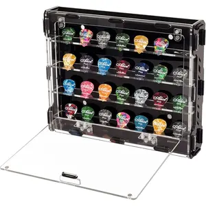 Wall Mount Guitar Pick Holder, Mechanical Style  Display Case Holds 28 Picks, Black and Clear Plectrum Storage Box for Guitar Accessories Organization