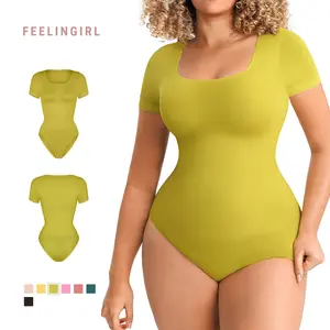 FeelinGirl FeelSoft Seamless Bodysuit for Women Light Tummy Control Scoop Neck Short Sleeve Shapewear Breathable