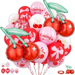 Cherry Balloons, Red Pink White Confetti Latex Balloons with Cherry Foil Balloon for Girls Birthday Shower Wedding Fruit Party Decorations