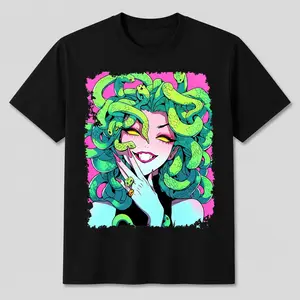 Men's Greek Mythology Medusa T-Shirt with Neon Green & Pink Snake Hair, Greek Key Gorgon Face Design-Neon Snake Queen Graphic Tee For Men & Women, Anime Style Medusa Art T Shirt, Viral Graphic Tees Lever Action Rifle