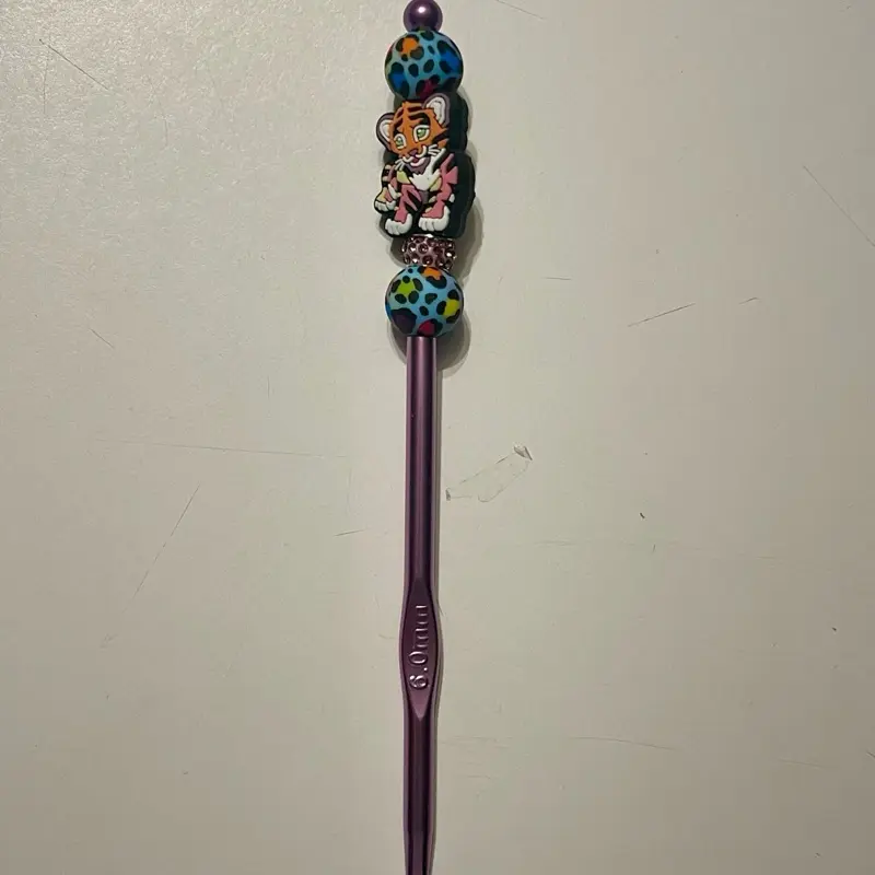 Hand-Decorated 6mm Crochet Hook with Tiger & Bead Embellishments