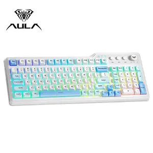 AULA F3099 three-mode office keyboard, supports wired/wireless connection, cool lighting effects, cute color matching appearance, large-capacity battery life, compatible with computer/laptop/mobile device connection, available for Windows/Mac/iOS systems
