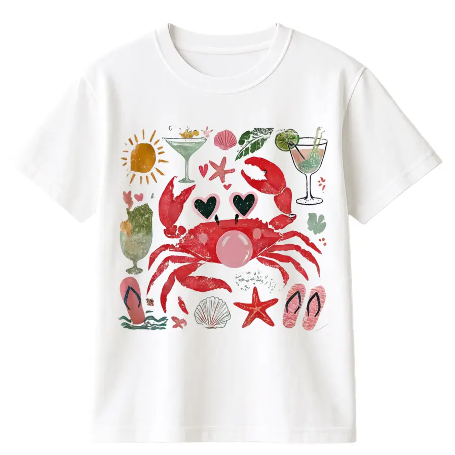 Crab Blowing Bubble Women's T-Shirt - Coastal Nautical Cotton Sports Top, Summer Trending Gift for Her, Shirts Women, T Shirts Womenswear Crewneck Casual Tee Crewneck Tee