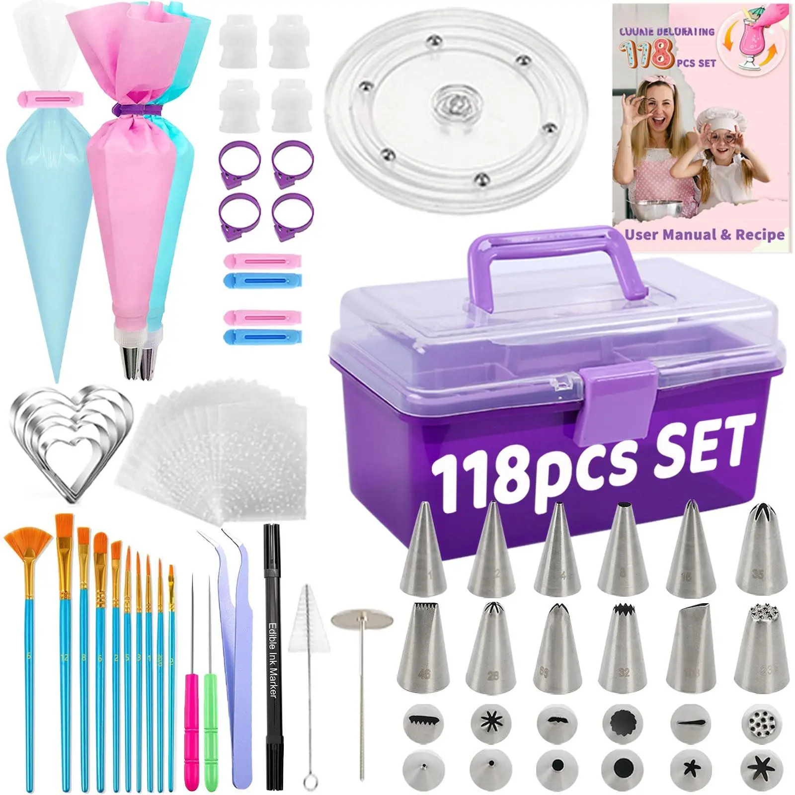 Cookie Decorating Kit 118pcs With Storage Case  Royal Sugar Piping Bags And Tips Icing Supplies Set Turntable Scribe Decoration Tools For & Holiday Christmas Valentine
