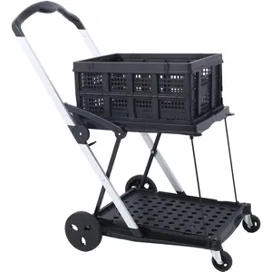 23.60*39.40*42.50 Inch 2-Tier Collapsible Shopping Utility Cart Aluminum Steel Folding Trolley with Basket 360° Swivel Wheels 154-198 LB Capacity Foot Brake Multi-Purpose Trolley, Foldable Shopping Cart