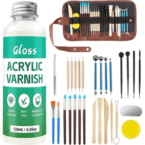 120ML Air Dry Clay Glaze with 29PCS Clay Tools Kit, Gloss Polymer Clay Kit and Clay Varnish, Pottery Tool Kit for Sculpting, Modeling, Shaping Crafts, High Gloss, Scratch Resistant