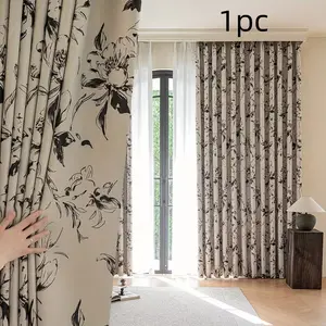 1pc New Traditional Ink Floral Drapes, High Light Blocking, Modern Style, Living Room Bedroom Privacy Decor Curtains, Single Piece