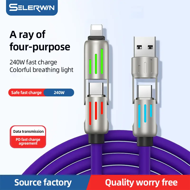 Wanyted 4-in-1 Quick Charge Cable: MAX 240W PowerUSB-A/C & Lightning Ports, Aluminum Alloy Body
