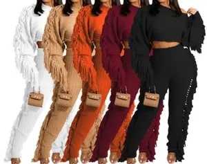 “Movement” Cable Knit Elegant Solid Tassel Two-piece Pants Set, Long Sleeve Crew Neck Sweater & Skinny Elastic Waist Pants Cozy, Soft, & Sexy Jogger Outfit, Women's Clothing