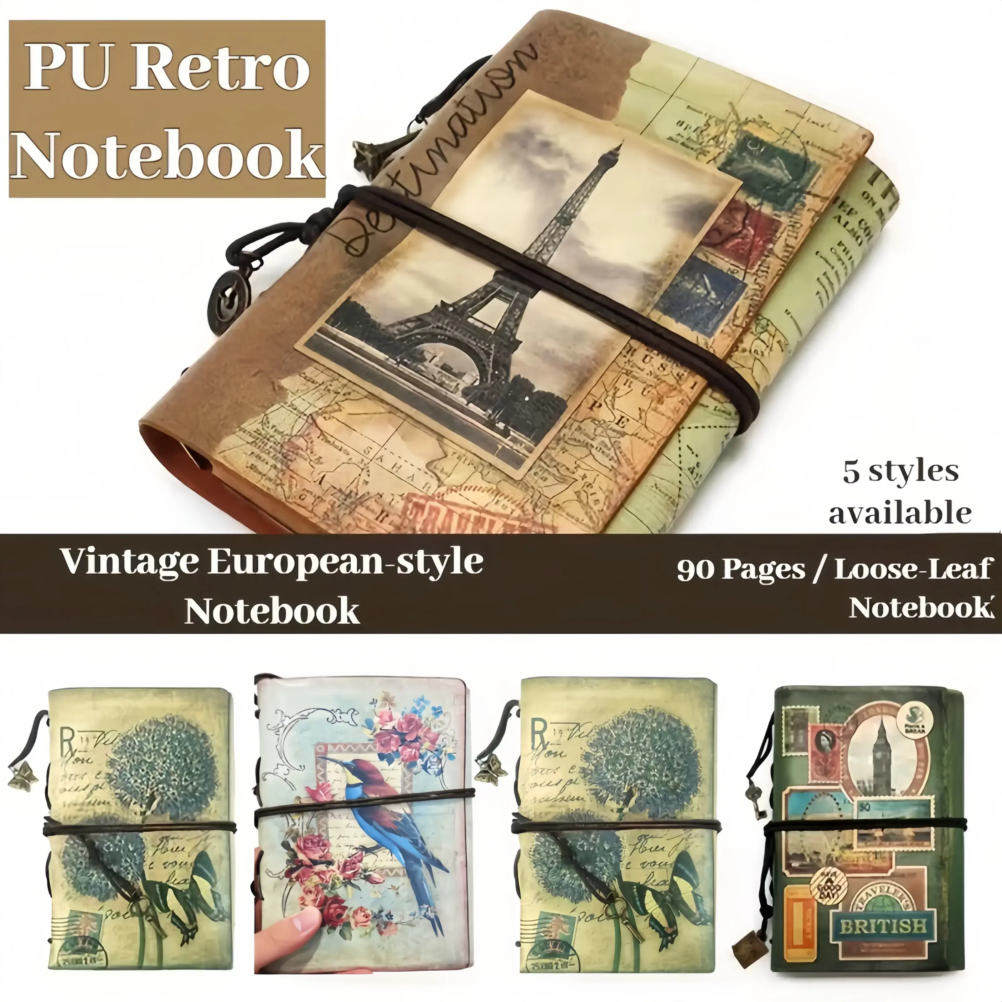 PU Retro Notebook - 90 Pages, Loose-Leaf, Detachable, Writable, with Bookmarks, Storage Bag, Strap, Leather Cover, European Retro Style for Work Memos, Writing Diaries, Study Notes, Artistic Creation