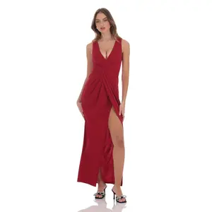V-Neck Slit Maxi Dress in Red