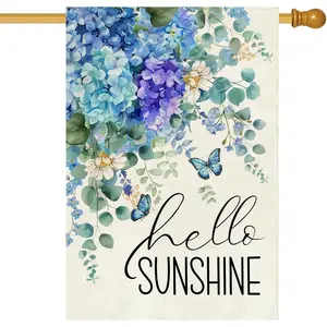 Hydrangea House Flag 28 X 40 Inch, Blue Summer Double Sided Burlap Welcome Large Yard Flag Seasonal Holiday Lawn Proch Outdoor Outside Decor