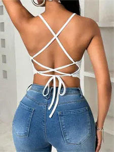 Women's Solid Basic Criss Cross Backless Cami Top, Casual Adjustable Spaghetti Strap Top for Summer, Women's Clothing for Daily Wear
