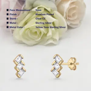 9mm Trio Stud Earrings Push Back CZ 925 Sterling Silver Women Baguette Earring