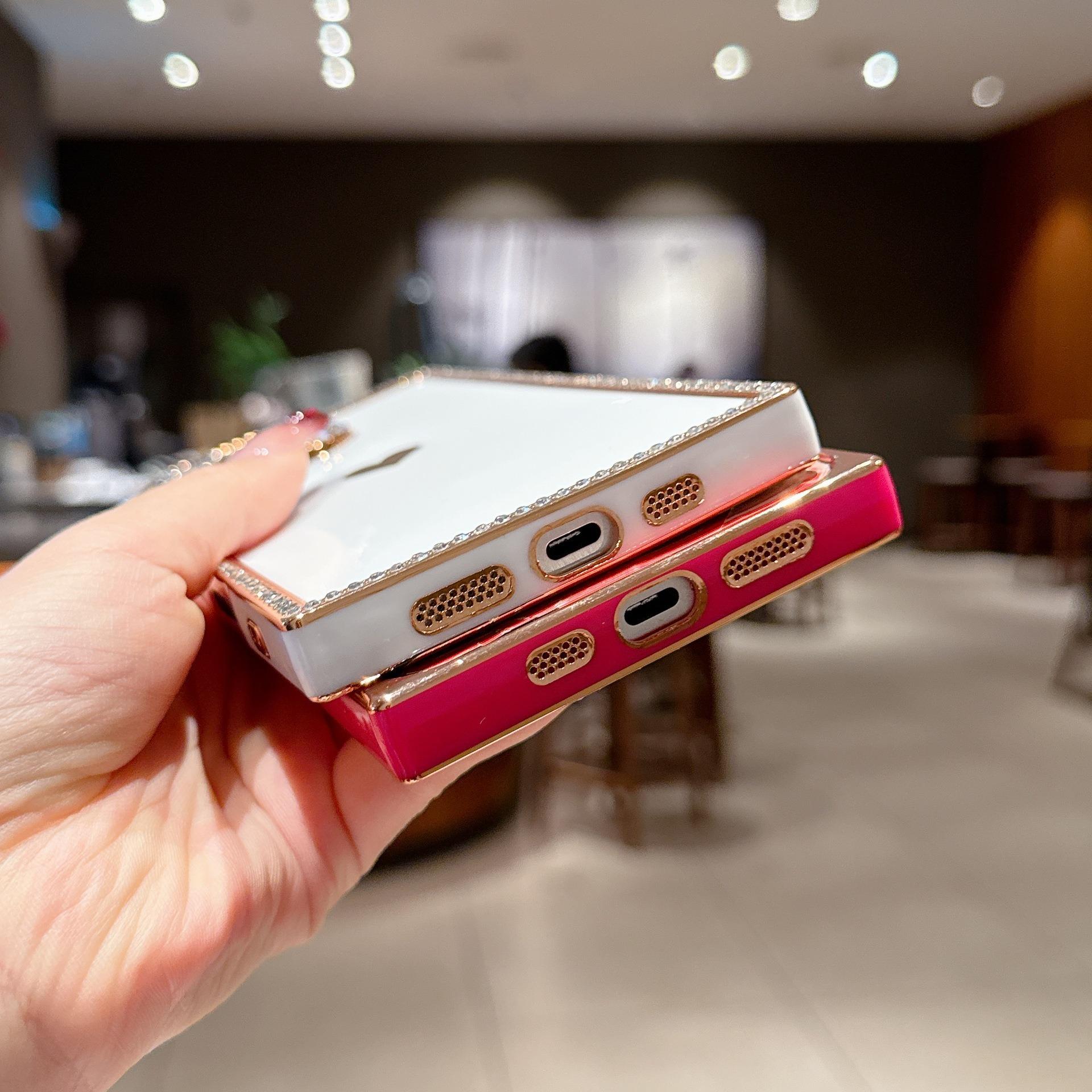 Luxury Rhinestone Square Edge Phone Case, Bling Diamond Full Camera Protection Shockproof Cover with Heart Design for IP 16 Pro max, 15 plus, 14, 13 junk