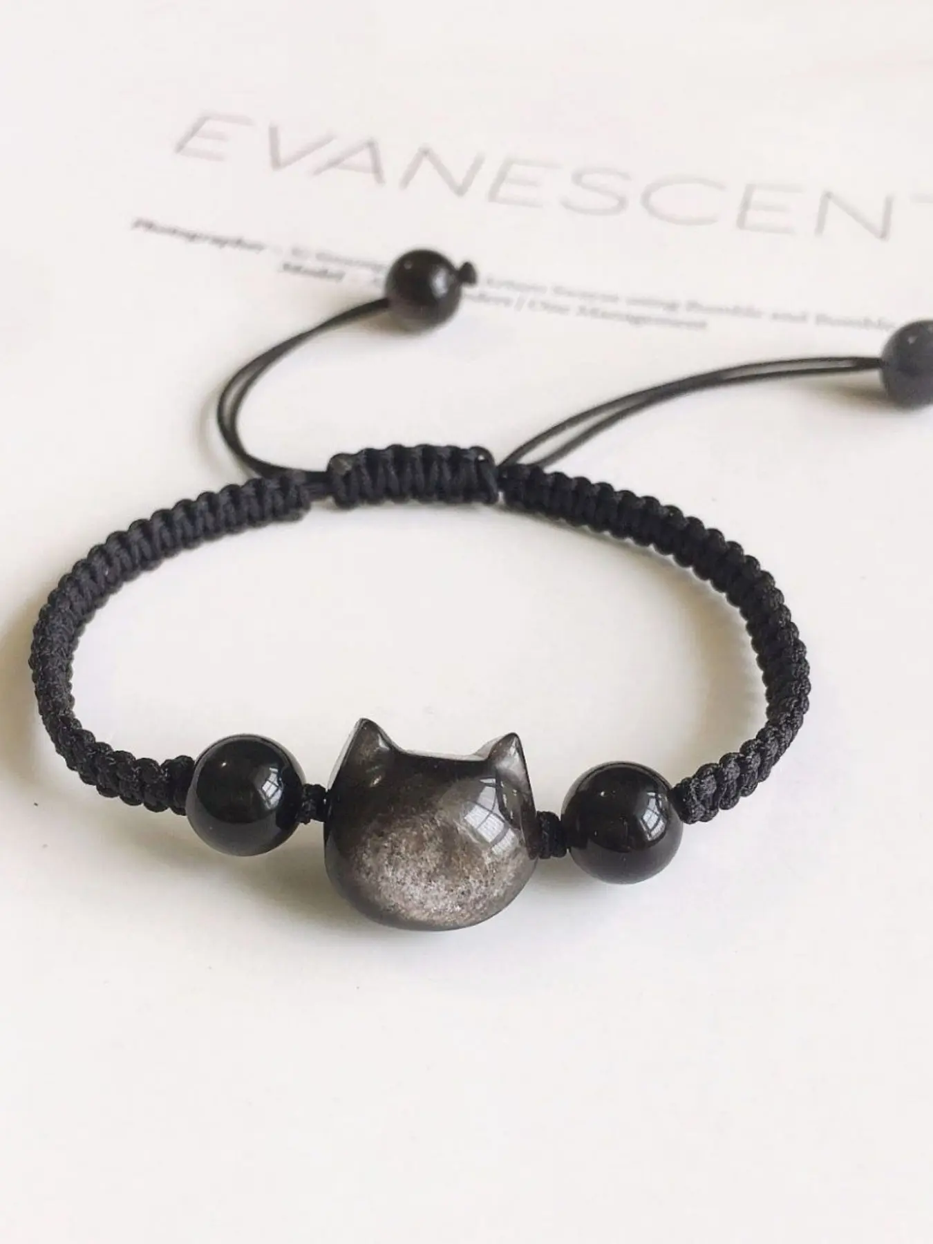 Lucky Cat Crystal & Obsidian Adjustable Bracelet, Synthetic Fiber Cord, Handmade String Amulet for Women, Valentine's Day Gift, Good Luck Bracelet, Crystal Bracelets, Jewelry Bracelet