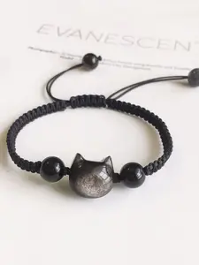 Lucky Cat Crystal & Obsidian Adjustable Bracelet, Synthetic Fiber Cord, Handmade String Amulet for Women, Valentine's Day Gift, Good Luck Bracelet