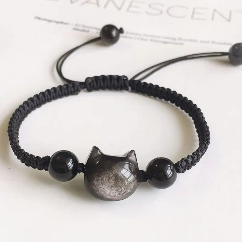 Lucky Cat Animal Theme Adjustable Bracelet, Synthetic Fiber Cord, Handmade String Amulet, Cute Fashion Jewelry for Women