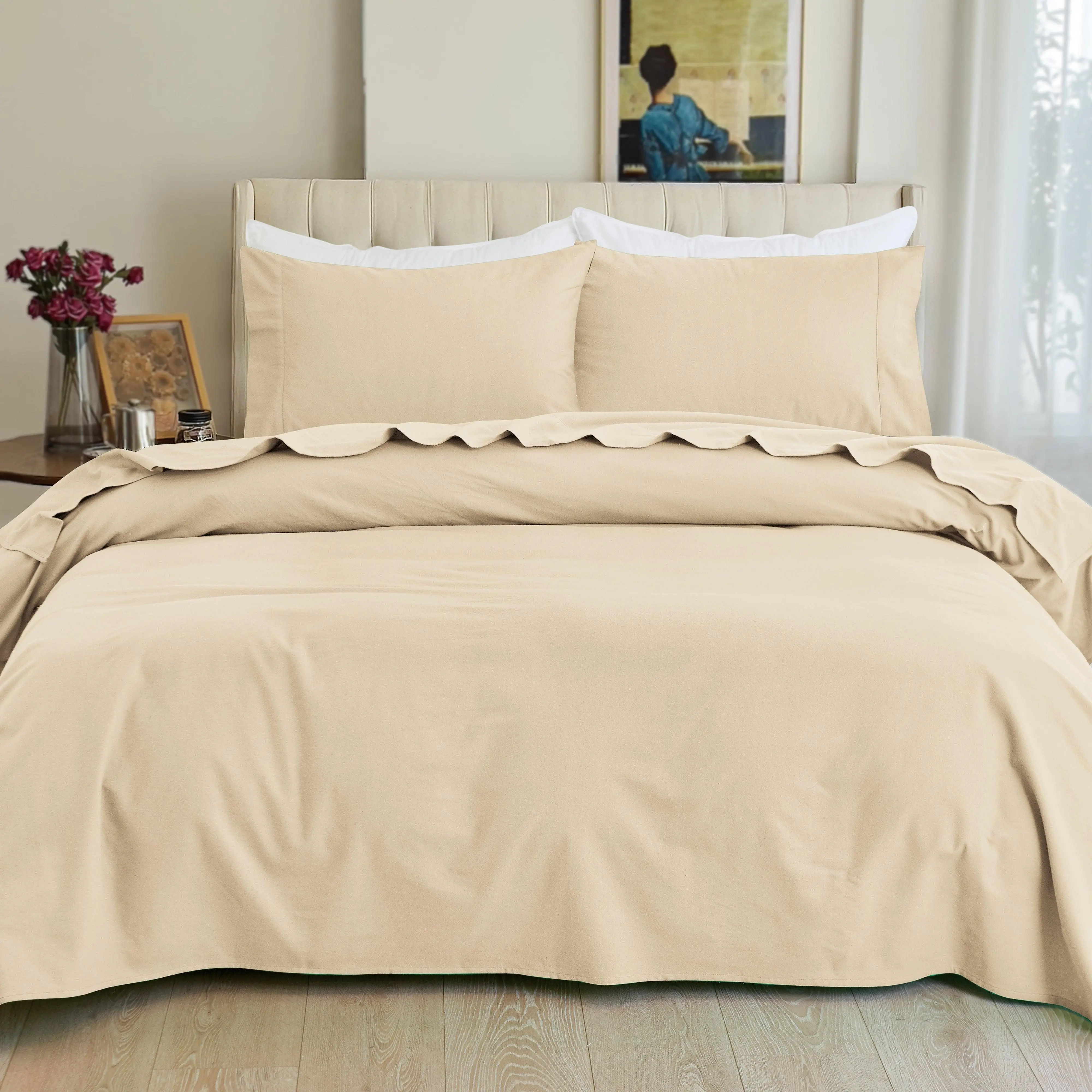 Elegant Comfort 4-Piece Cotton Flannel Sheet Set – Soft Cozy Warm Bedding for Cold Nights