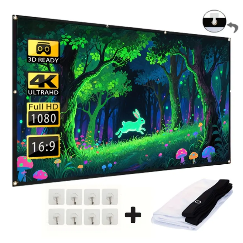 HD Portable Projector Screen, 4K Lightproof Foldable, Washable, Anti-Crease, Double Sided, Portable Movie Screen for Home Theater Party Office Classroom Outdoor Indoor, Movie Projection Screen with 8 Pcs Wall Hook, Home Cinema Projector