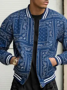 Men's Fashion Windproof Jacket with Paisley & Floral Prints, Classic Baseball Style, Single Piece Outerwear for Casual Wear