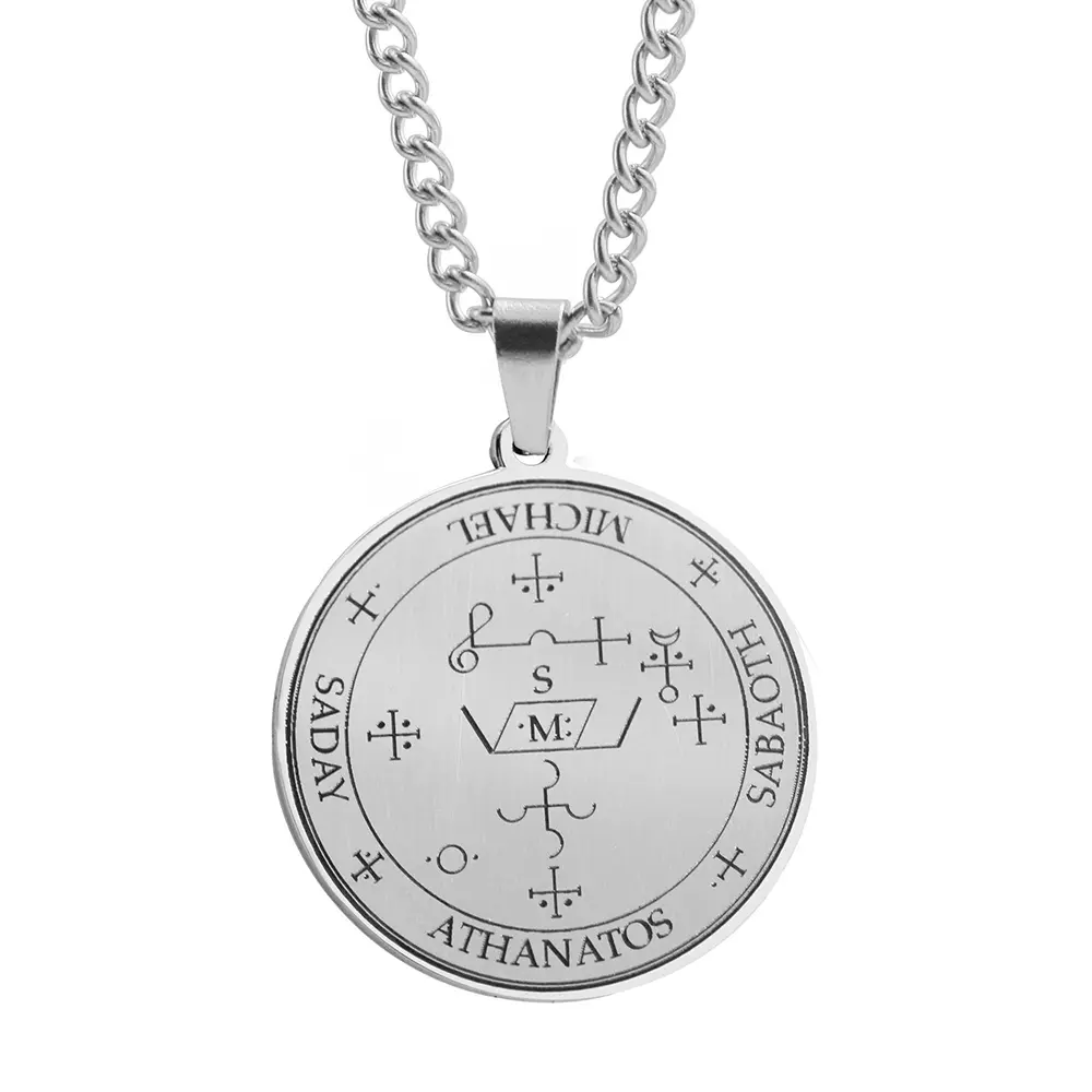 7 Archangel Gabriel Raphael Magic Circle Round Cross Pendant Necklace, Vintage Stainless Steel Amulet, Fashion Costume Jewelry Accessory, Cross Necklace