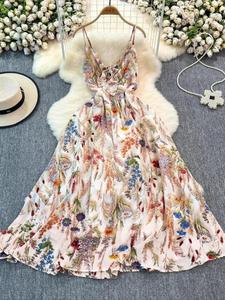 women's all over print shirred cami dress, boho fashion casual sleeveless long dress for beach holiday vacation, ladies summer clothes