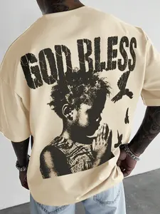 Men's Boy Praying Casual Personalized Letter Print Short Sleeve T-Shirt, Perfect for Travel & Outdoor Activities, Stylish Sports Wear