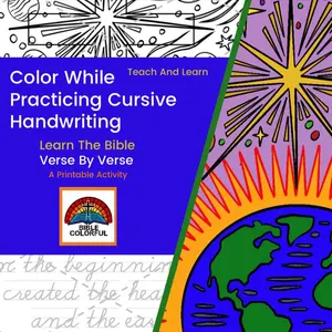 Teach and Learn-Genesis 1:1-The Bible Worksheet-Color Illustration Write Cursive Activity for Adults and Kids