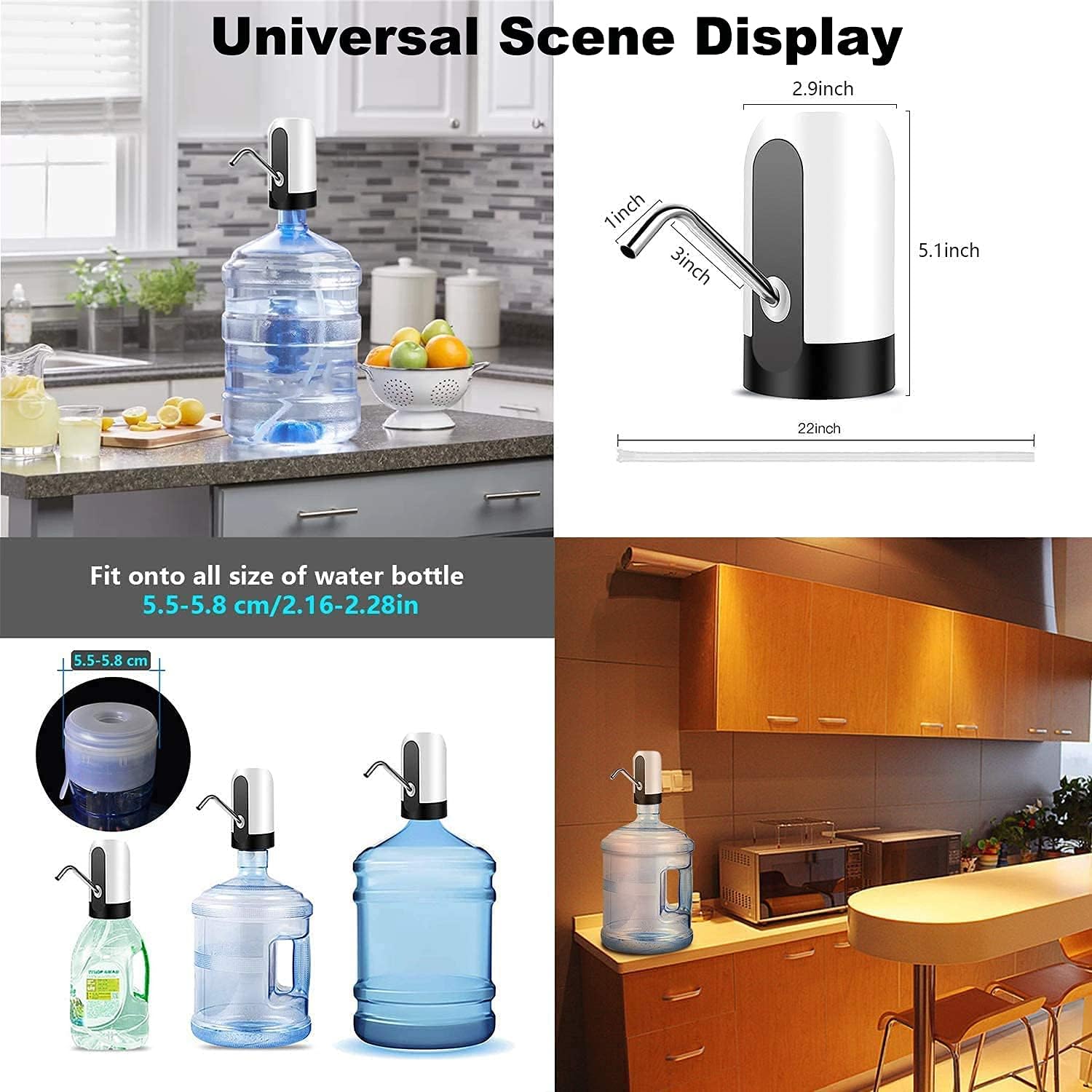 Water Dispenser for 5 Gallon Bottle, Portable USB Charging Electric Water Pump, Food Grade Silicone Hose, Stainless Steel Spout - 30-40 Days Battery Life, Drinking Water Jug Pump for Home, Kitchen, Living Room, Office, Camping, Universal for 3-5 Gallon